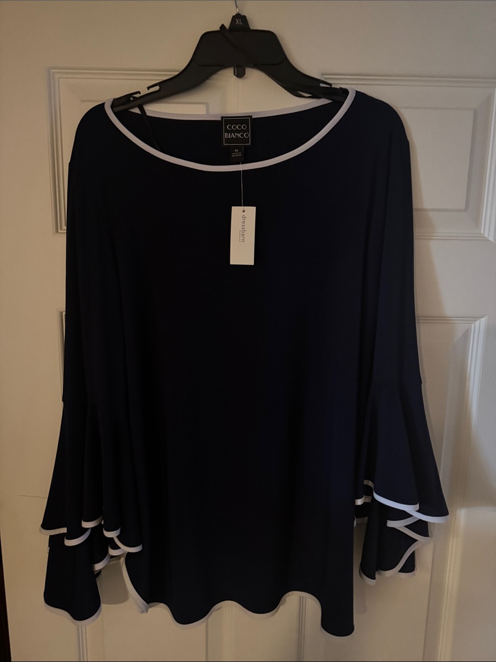 Coco Bianco Navy Top with White Trim and Layered Ruffle Sleeves